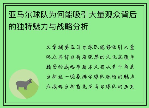 亚马尔球队为何能吸引大量观众背后的独特魅力与战略分析
