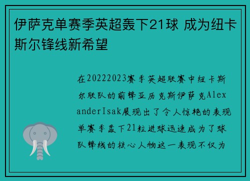 伊萨克单赛季英超轰下21球 成为纽卡斯尔锋线新希望